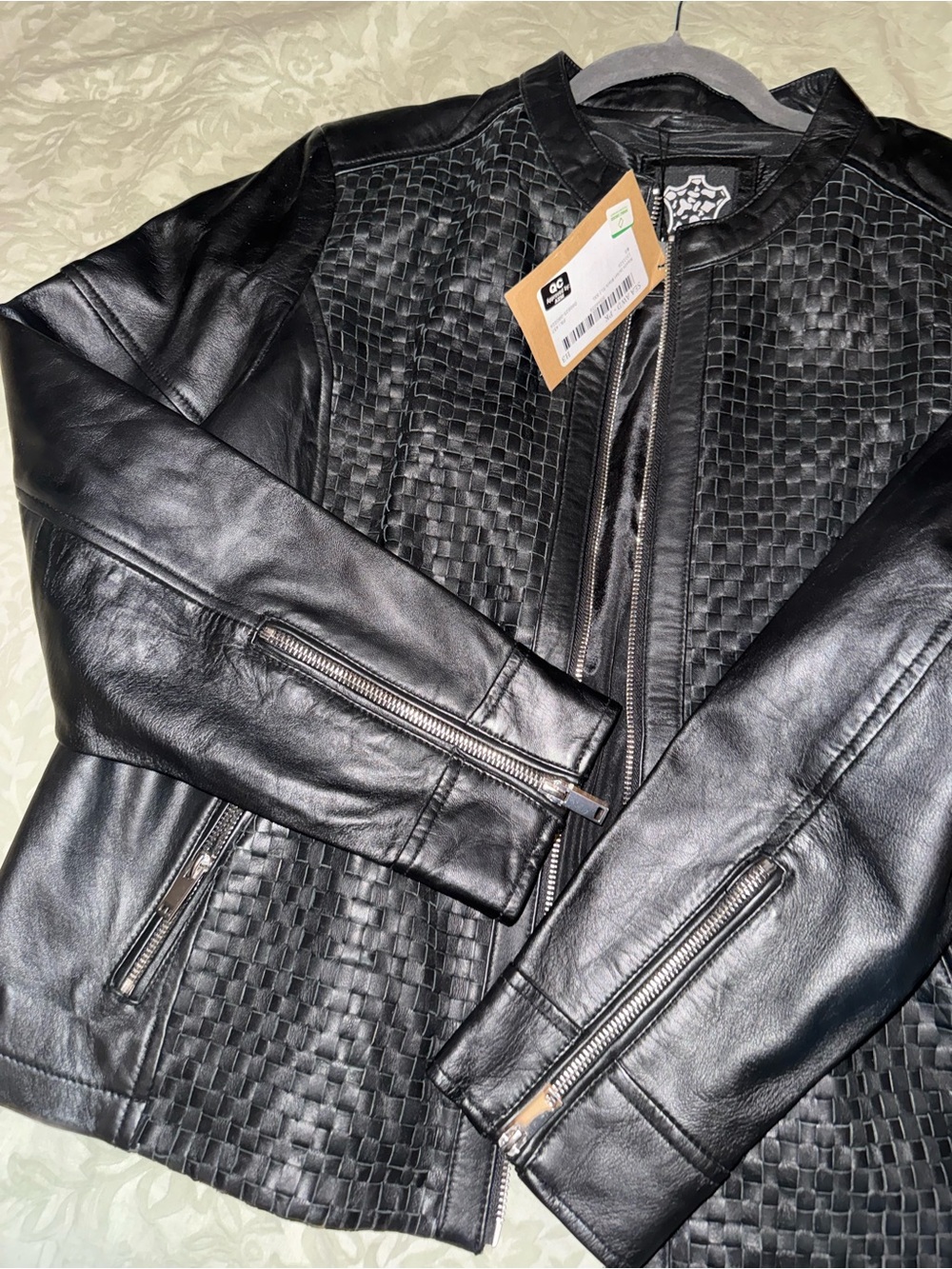 Women's Black Woven-Panel Leather Jacket - Picture 3 of 4